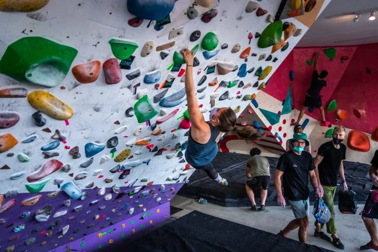 Climbing on the 40 Degree Spray Wall
